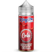 A bottle of Kingston Nicotine Free E Liquid with a red label indicating the flavor as Cherry Cola.